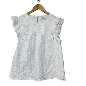 White Eyelet Ruffle Sleeve crew Neck Top Size Small